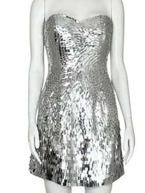 Sherri Hill Strapless Silver Sequin Mini Dress